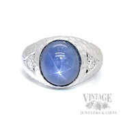 Natural Blue Star sapphire, diamond 14kw gold three stone hammered and satin finished ring top