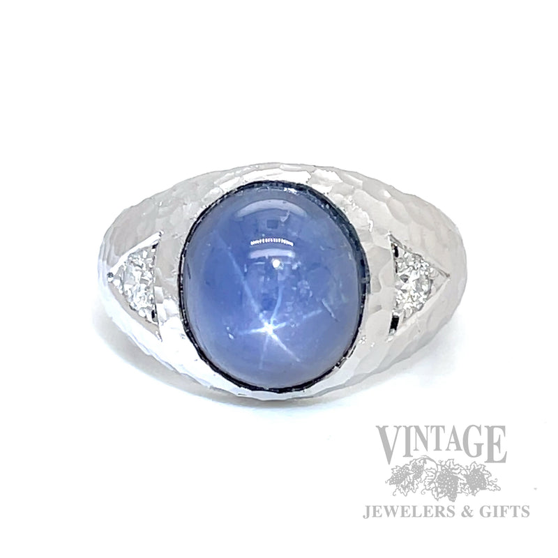 Natural Blue Star sapphire, diamond 14kw gold three stone hammered and satin finished ring top