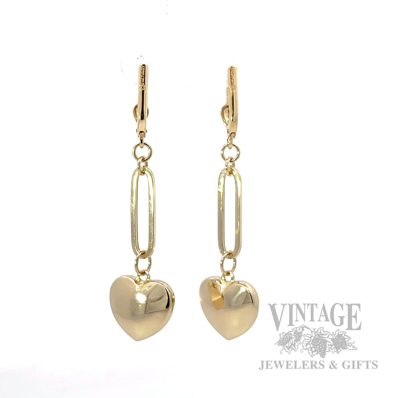 Dangling hearts 14k gold earrings