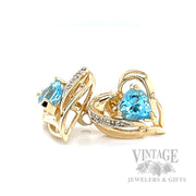 Heart shaped Swiss blue topaz and gold earrings on side