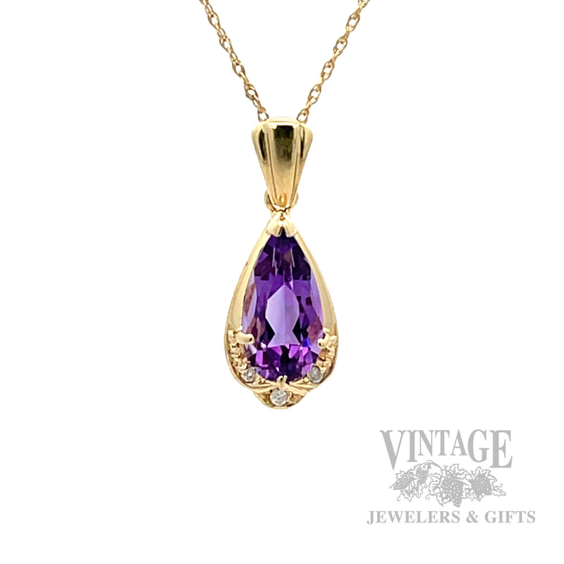 Pear Shaped Amethyst and Diamond 14k Gold Pendant