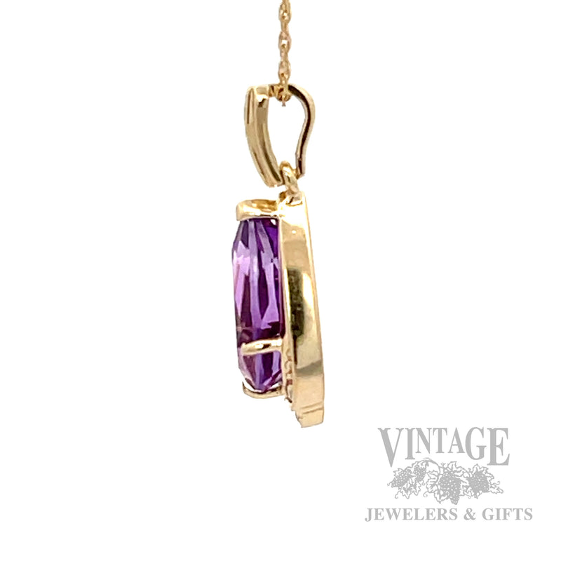 Pear Shaped Amethyst and Diamond 14k Gold Pendant