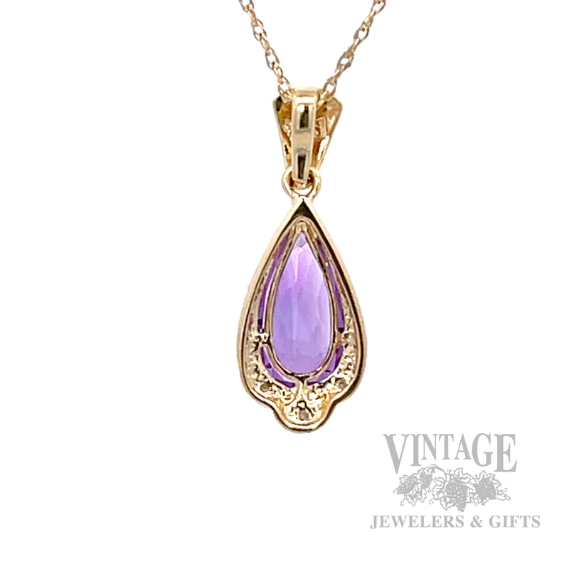 Pear Shaped Amethyst and Diamond 14k Gold Pendant