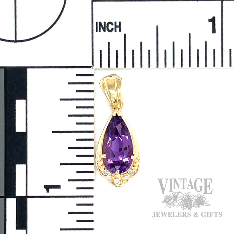 Pear Shaped Amethyst and Diamond 14k Gold Pendant