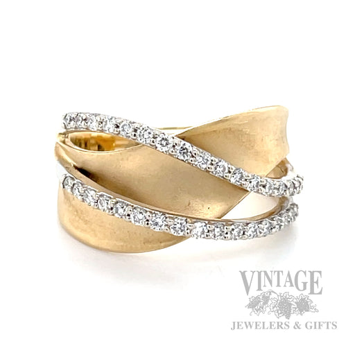 "Wave" 2 Row Diamond 14k Gold Ring Front View