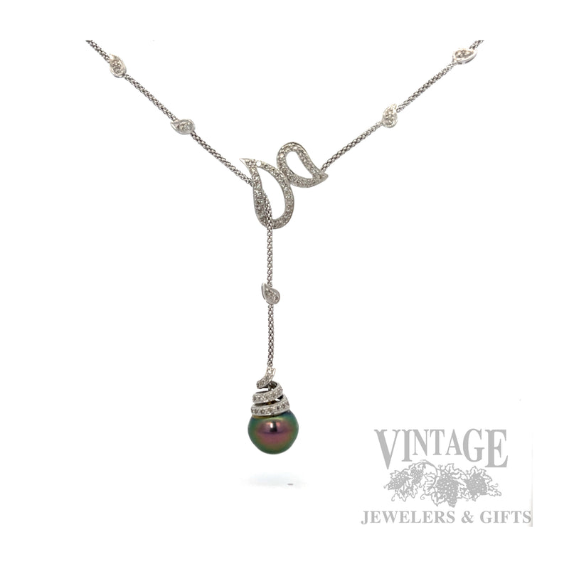 Tahitian South Sea Peacock Pearl Diamond Accented 18k White Gold Necklace