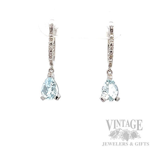 Aquamarine Diamond Accented 14k White Gold Dangle Earrings Front View