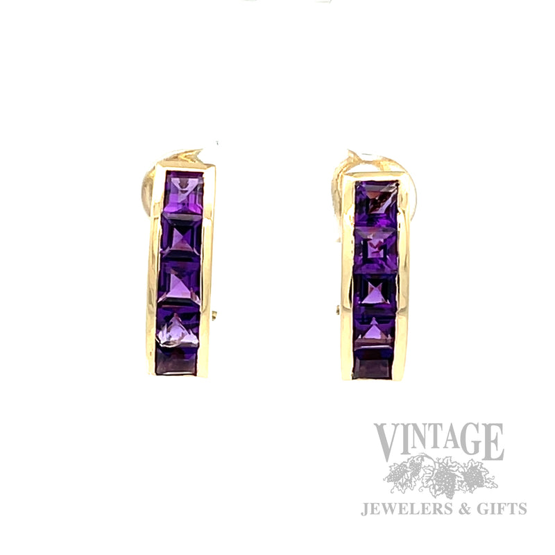Channel Set Amethyst 12k Gold Drop Earrings Front View