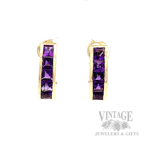 Channel Set Amethyst 12k Gold Drop Earrings Front View