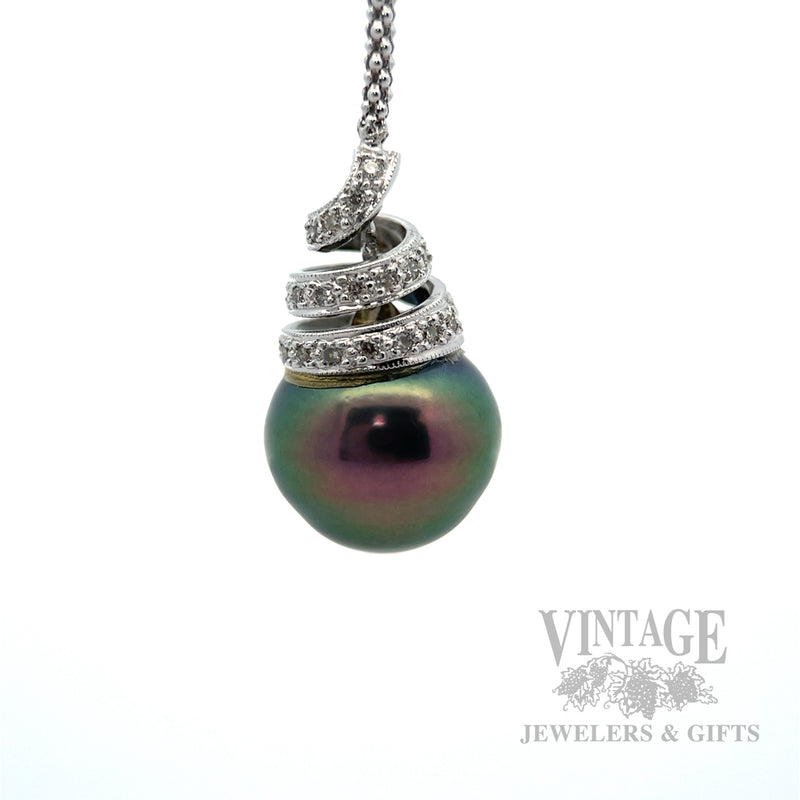 Tahitian South Sea Peacock Pearl Diamond Accented 18k White Gold Necklace