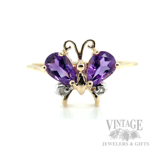 Butterfly Amethyst Diamond Accented 10k Gold Ring Front View