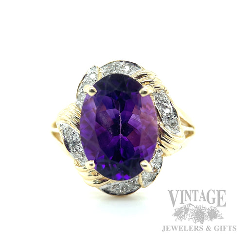 Flared Amethyst Diamond Accented 14k Gold Ring Front View