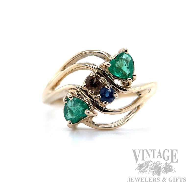 Freeform Emerald Hearts 14k Gold Ring Front View