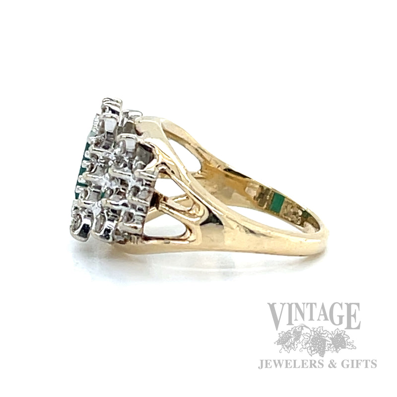 Emerald and Diamond Cluster 14k Gold Ring Side View