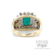Emerald and Diamond Cluster 14k Gold Ring Back/ Gallery View