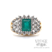 Emerald and Diamond Cluster 14k Gold Ring Front View