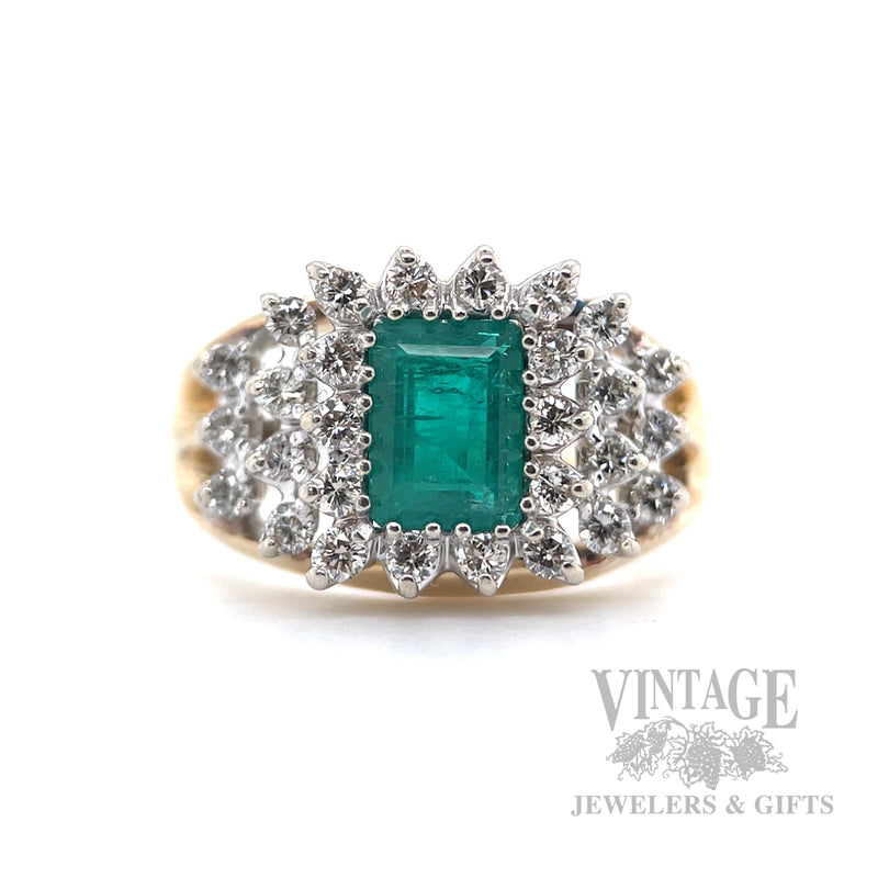 Emerald and Diamond Cluster 14k Gold Ring Front View
