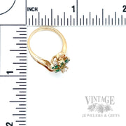 Freeform Emerald and Diamond Cluster 15k Gold Ring Scale View