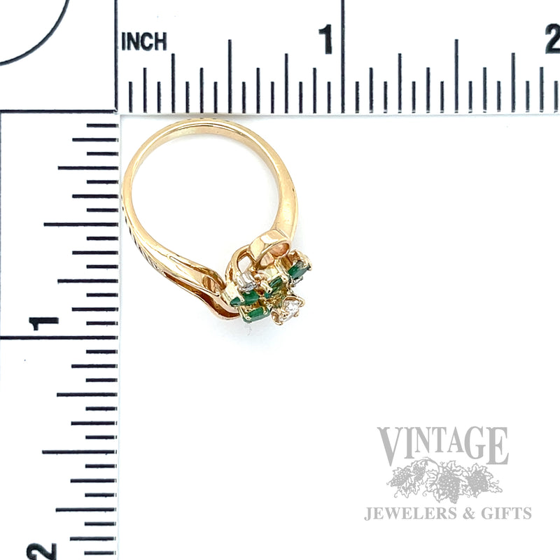 Freeform Emerald and Diamond Cluster 15k Gold Ring Scale View