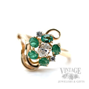 Freeform Emerald and Diamond Cluster 15k Gold Ring Detailed View