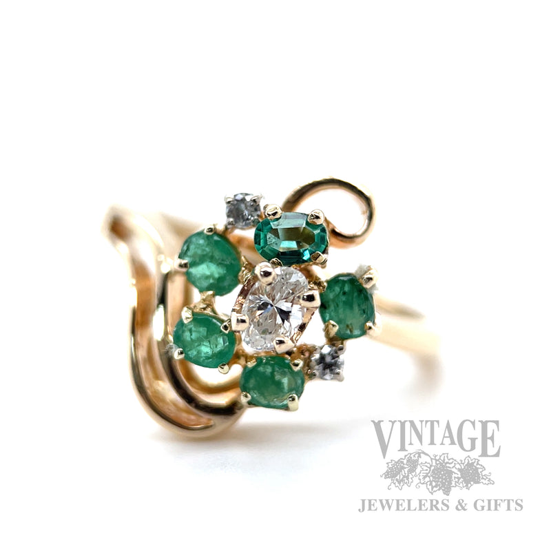 Freeform Emerald and Diamond Cluster 15k Gold Ring Detailed View