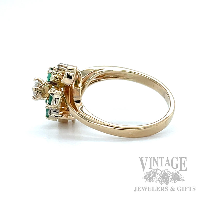 Freeform Emerald and Diamond Cluster 15k Gold Ring Side View