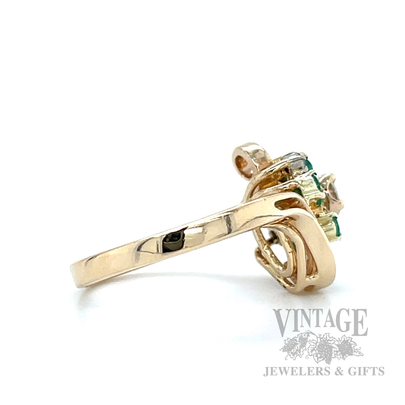 Freeform Emerald and Diamond Cluster 15k Gold Ring
