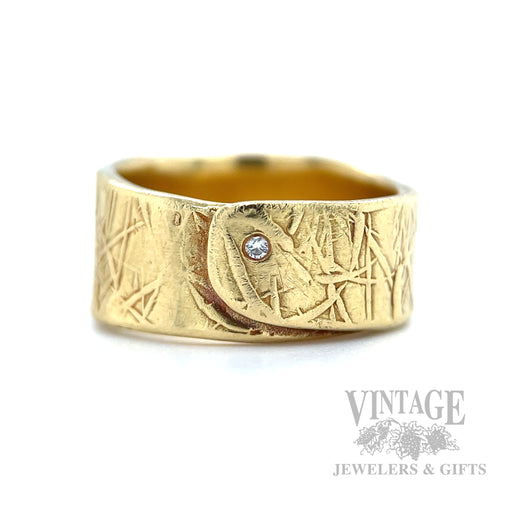 Carved Camouflage Diamond Accented 18k Gold Ring Front View