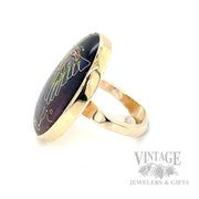 Cloisonné Butterfly and Caterpillar 14k Gold Ring Side View