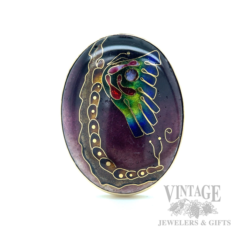 Cloisonné Butterfly and Caterpillar 14k Gold Ring Detailed View