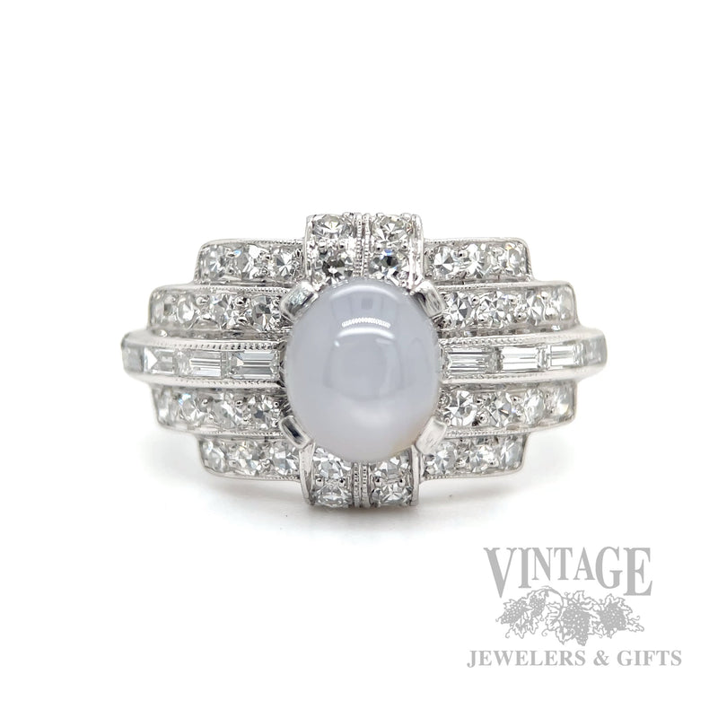 Silver Star Sapphire and Diamond Art Deco Platinum Ring