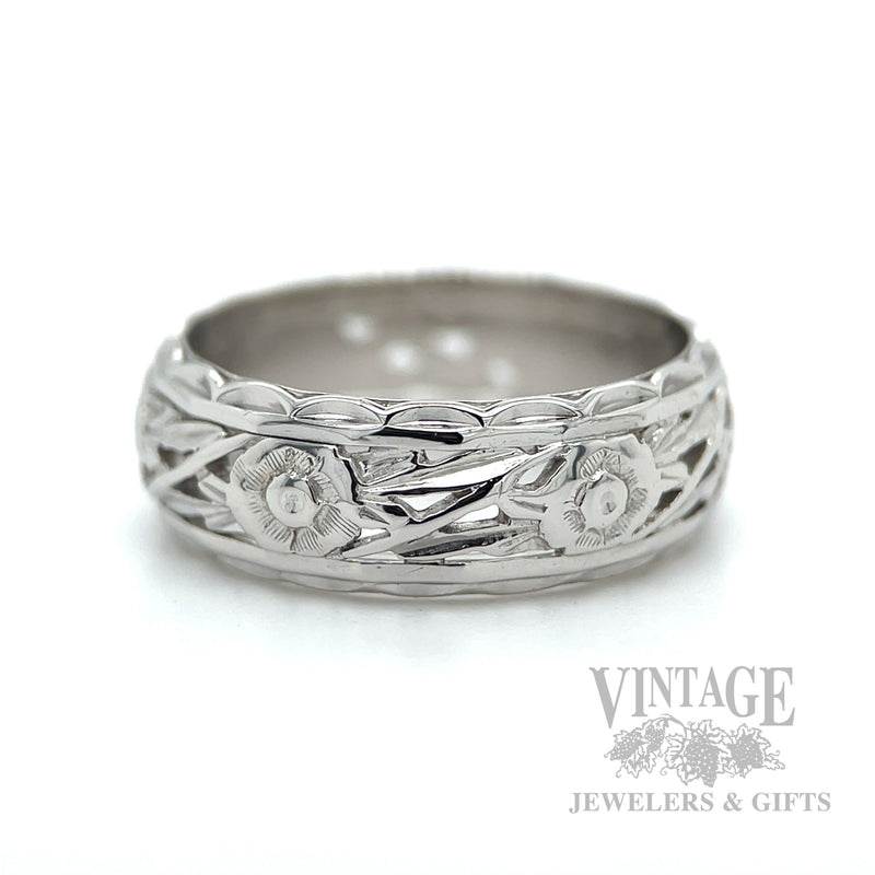 Pierced Floral 18k White Gold Eternity Ring Detailed View