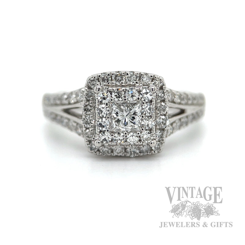 Double Halo Accented Split Shank 14k White Gold Ring Detailed Vew