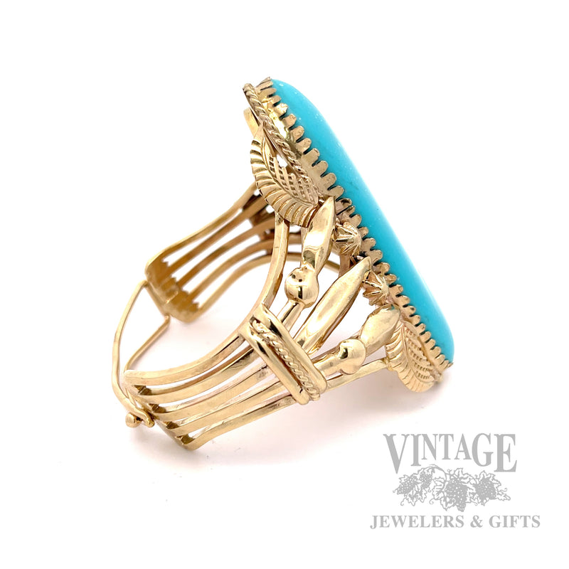 "Carlos White Eagle" Native American 14K Gold and Turquoise Cuff Bracelet Side View