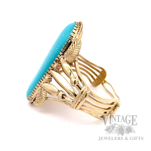 "Carlos White Eagle" Native American 14K Gold and Turquoise Cuff Bracelet Side View