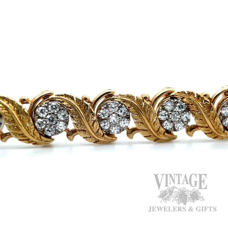 Vintage Jabel Die Struck 14k Gold and Diamond Hand Engraved Feather Bracelet Macro View