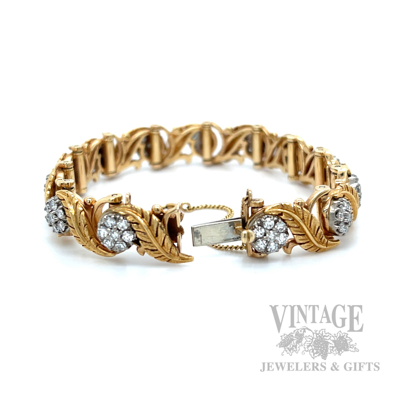 Vintage Jabel Die Struck 14k Gold and Diamond Hand Engraved Feather Bracelet Clasp View
