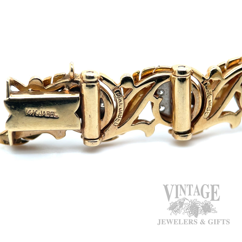 Vintage Jabel Die Struck 14k Gold and Diamond Hand Engraved Feather Bracelet Hallmark Detail