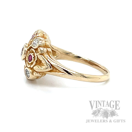 Floral Vintage Inspired Ruby and Diamond 14k Gold Ring Side View