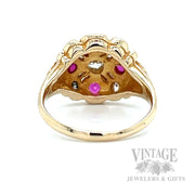 Floral Vintage Inspired Ruby and Diamond 14k Gold Ring Back/Interior View
