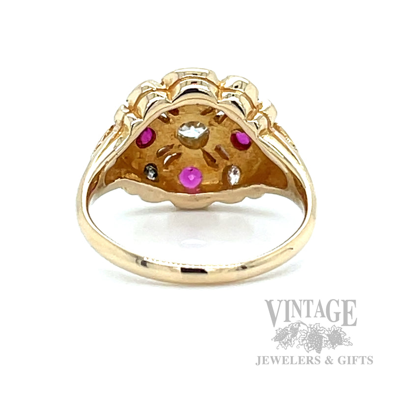 Floral Vintage Inspired Ruby and Diamond 14k Gold Ring Back/Interior View