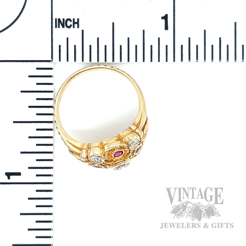 Floral Vintage Inspired Ruby and Diamond 14k Gold Ring Scale View