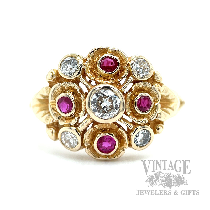 Floral Vintage Inspired Ruby and Diamond 14k Gold Ring Detailed View