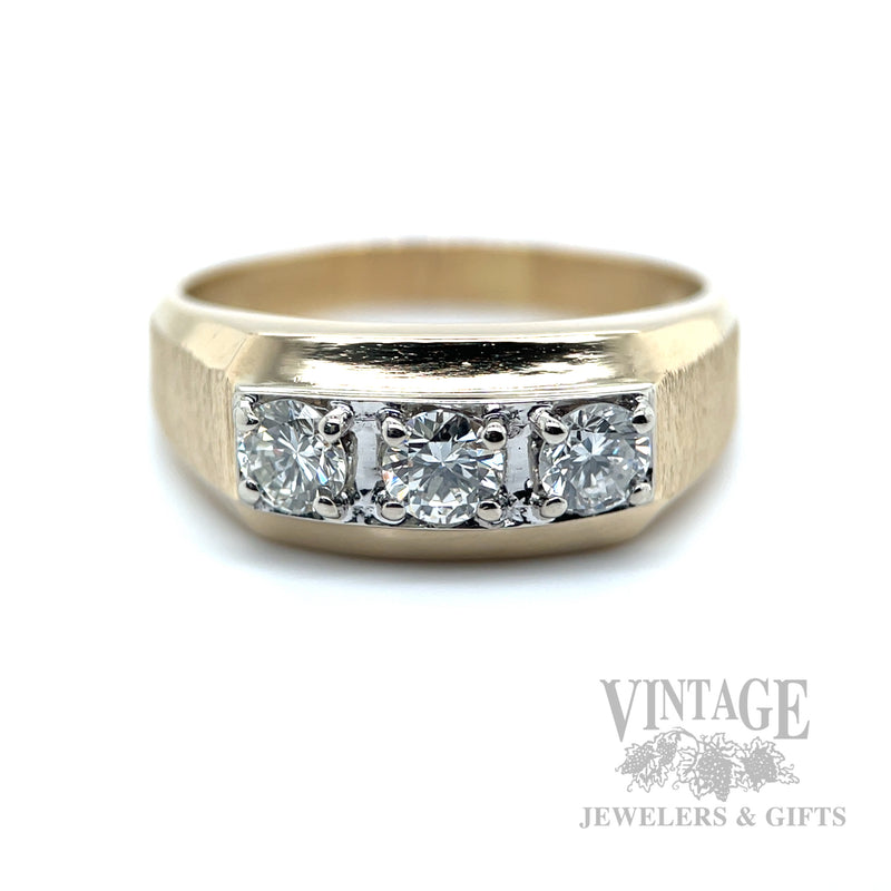 Dual Textured Three Stone Diamond 14k Gold Ring Front View