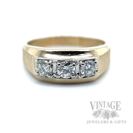 Dual Textured Three Stone Diamond 14k Gold Ring Front View