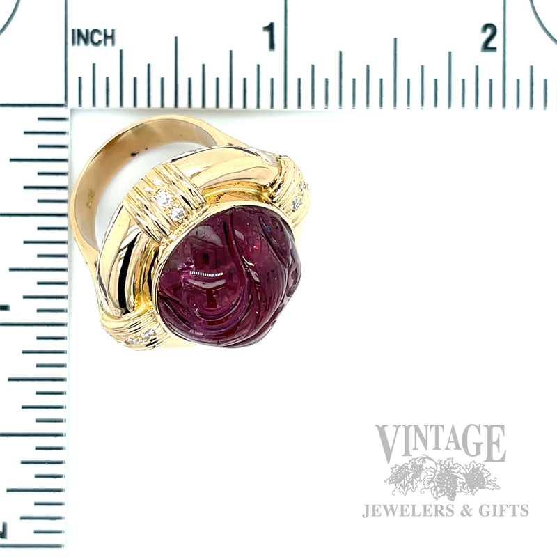 Carved Pink Tourmaline Diamond Accented 14k Gold Ring Scale View