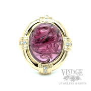 Carved Pink Tourmaline Diamond Accented 14k Gold Ring Detailed View