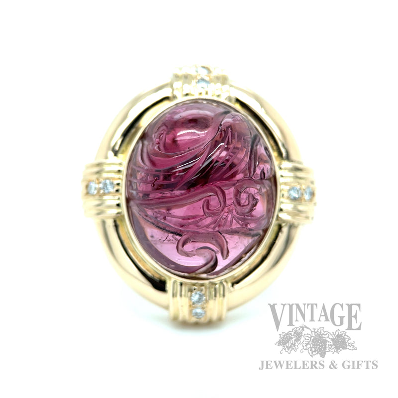 Carved Pink Tourmaline Diamond Accented 14k Gold Ring Detailed View