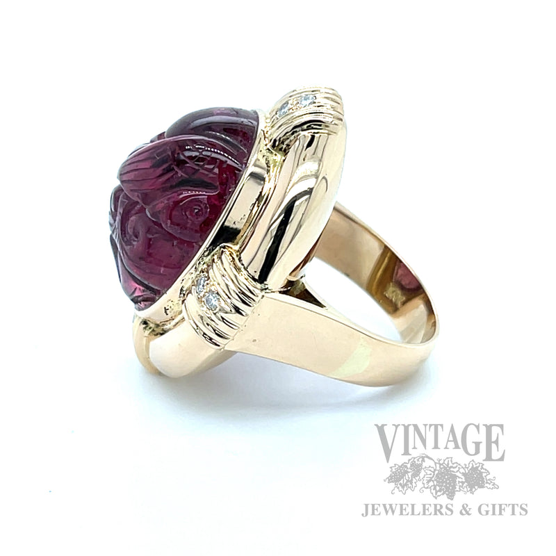 Carved Pink Tourmaline Diamond Accented 14k Gold Ring Side View