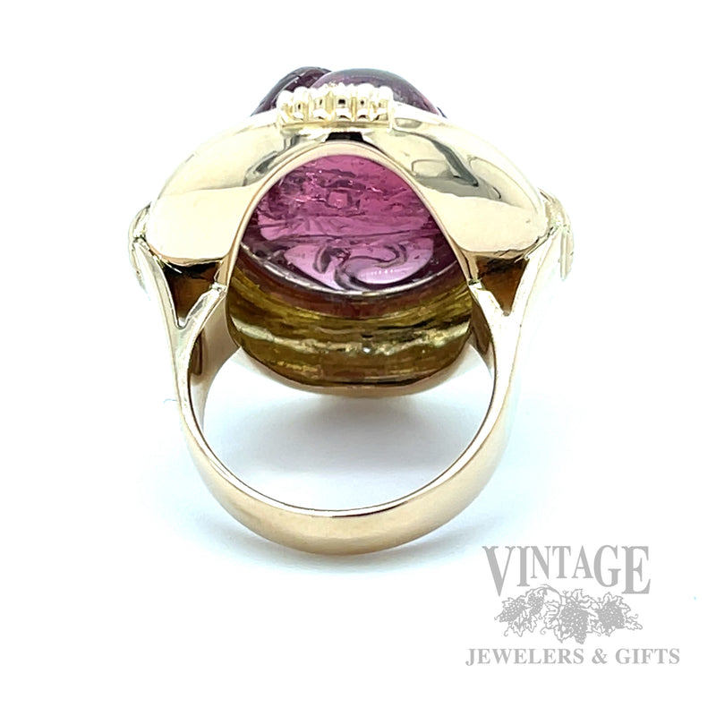 Carved Pink Tourmaline Diamond Accented 14k Gold Ring Back View